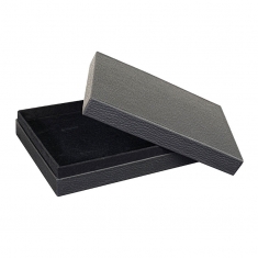 Card necklace box with black full-grain leather finish and suedette interior