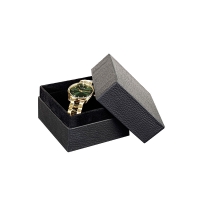 Card watch box with black full-grain leather finish and suedette interior