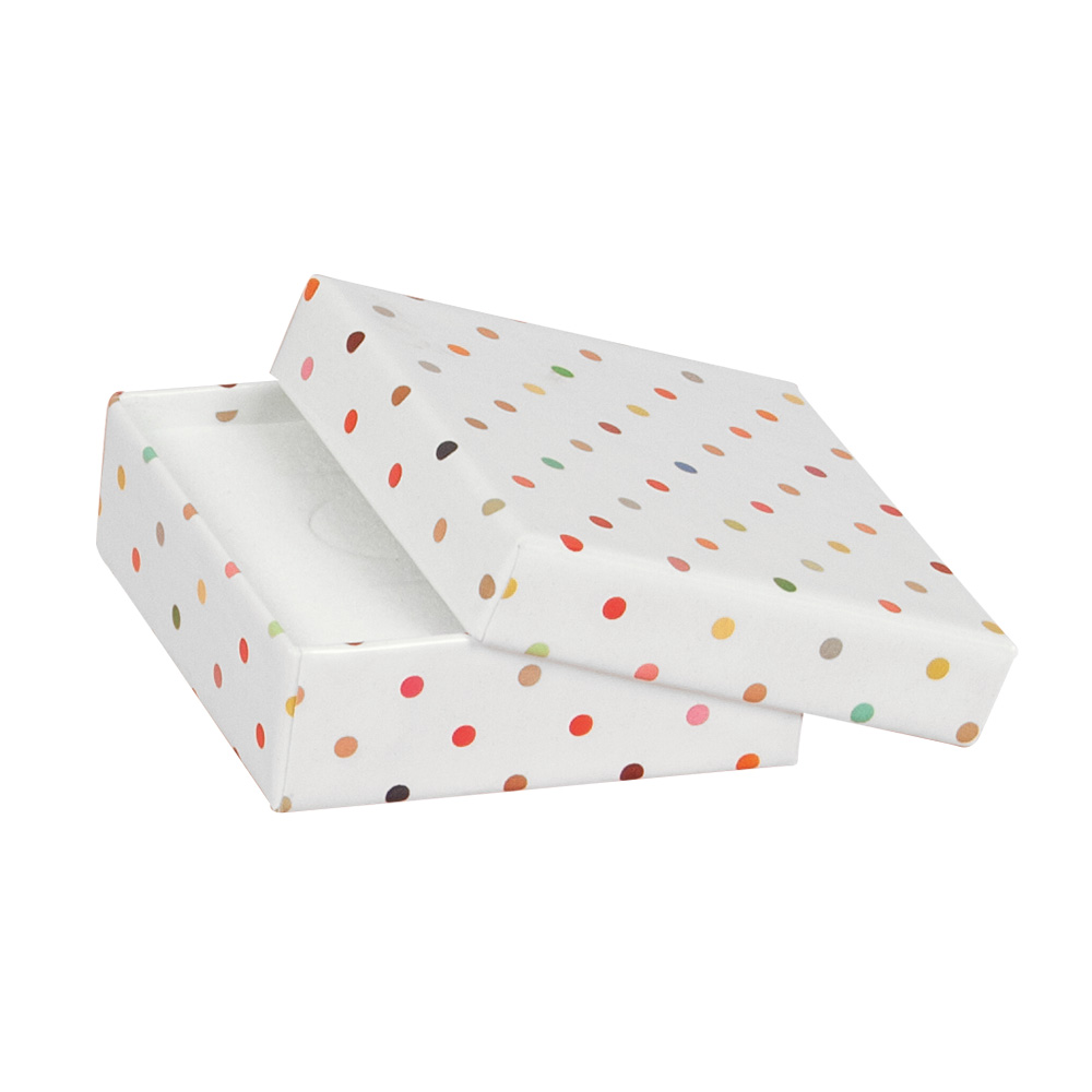 Laminated white card jewellery presentation box with multicoloured polker dots