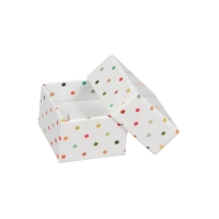 Laminated white card jewellery presentation box with multicoloured polker dots