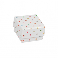 Laminated white card jewellery presentation box with multicoloured polker dots