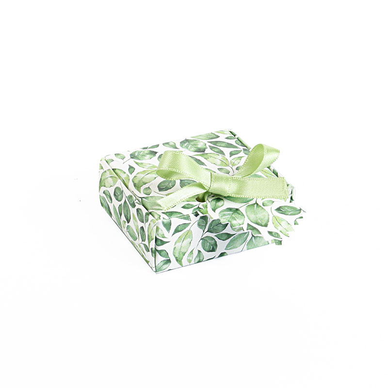 Matt card universal box with ™Green leaves™ pattern and light green satin ribbon