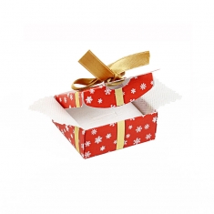 Glossy card universal box with red and white Snowflake pattern and gold satin ribbon
