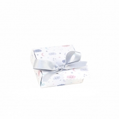 White pearlescent card universal box, stars and clouds, grey satin bow