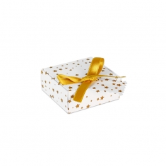 White card ring and earring box with gold star print, man-made foam insert and gold ribbon