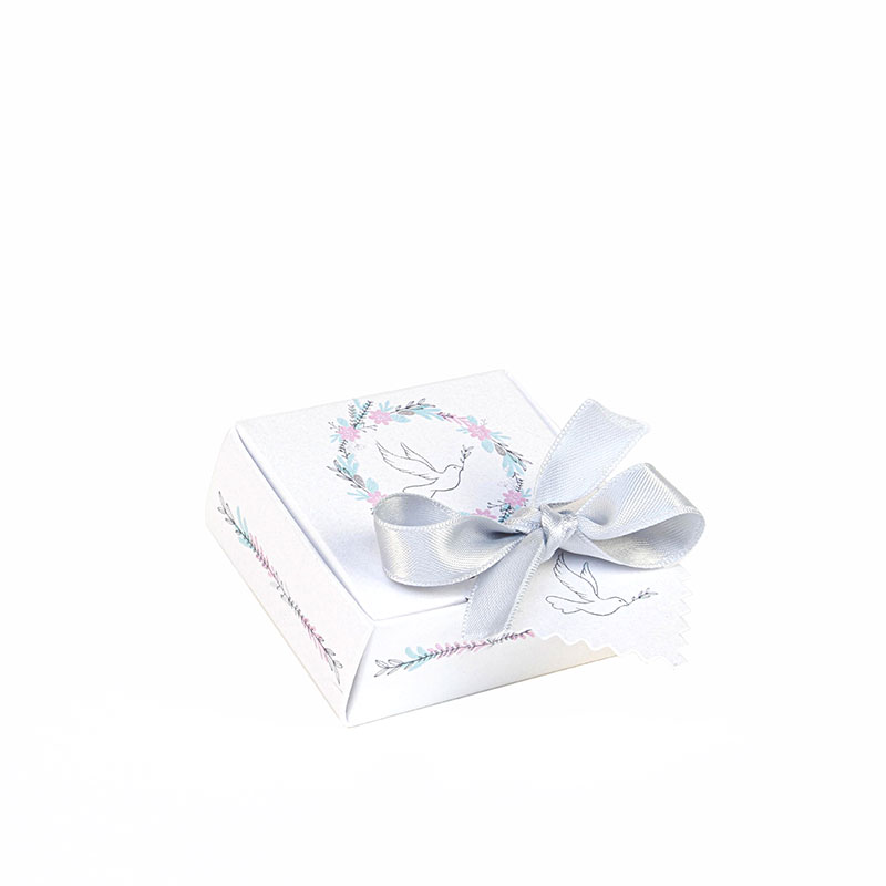 White pearlescent card universal box, dove and flowers, grey satin bow
