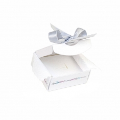 White pearlescent card universal box, dove and flowers, grey satin bow