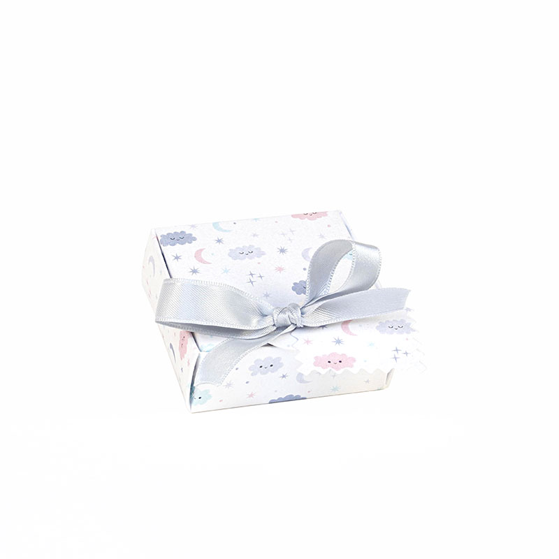 White pearlescent card universal box, stars and clouds, grey satin bow