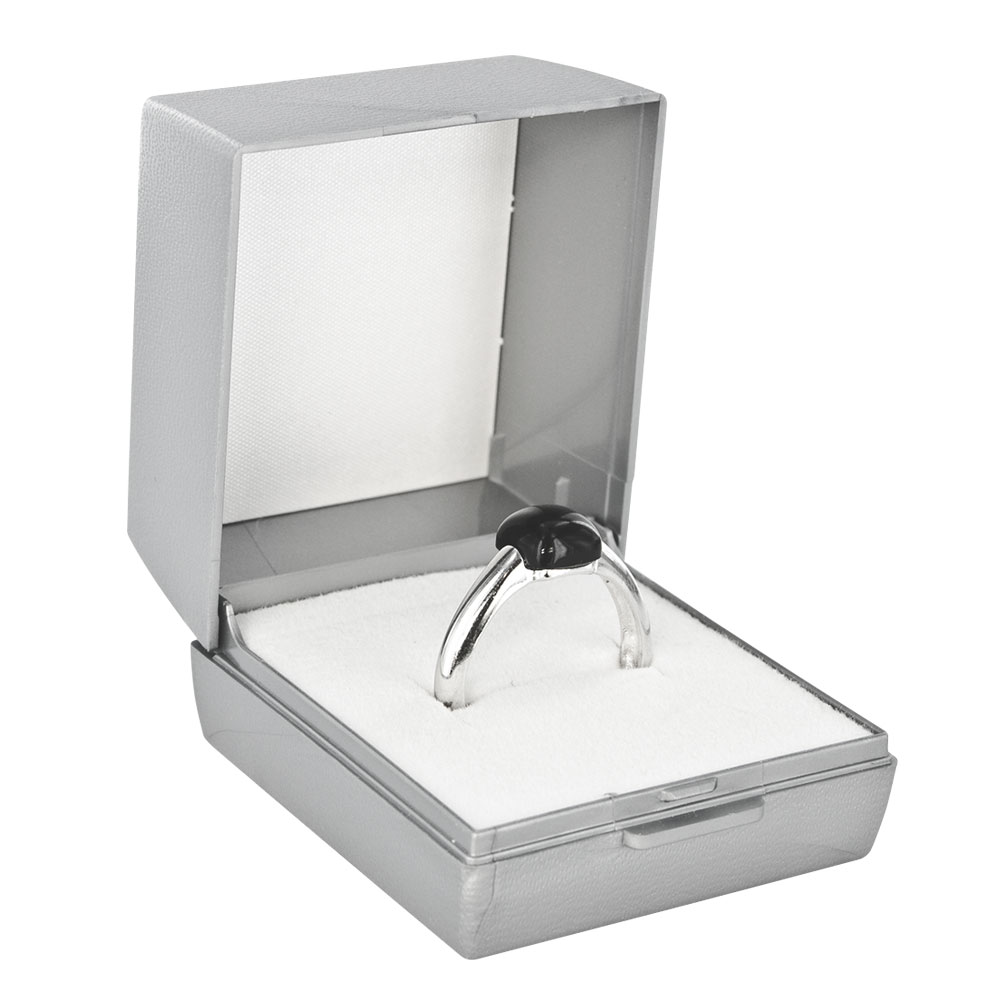 Grey texturerd plastic ring box with hinge, silver border