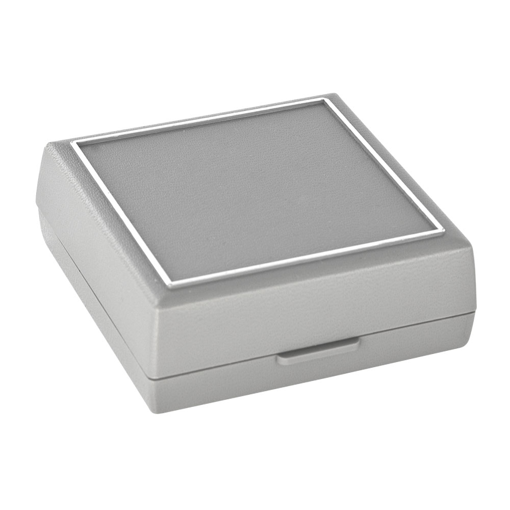 Grey texturerd plastic earring box with hinge, silver border