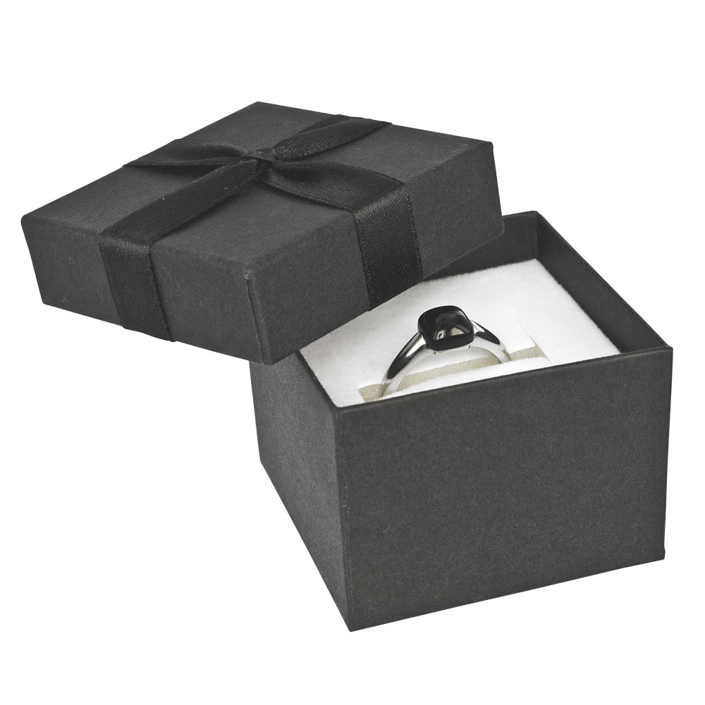 Black card ring box decorated with satin ribbon