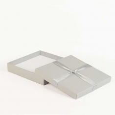Light grey card necklace box, satin finish ribbon and bow