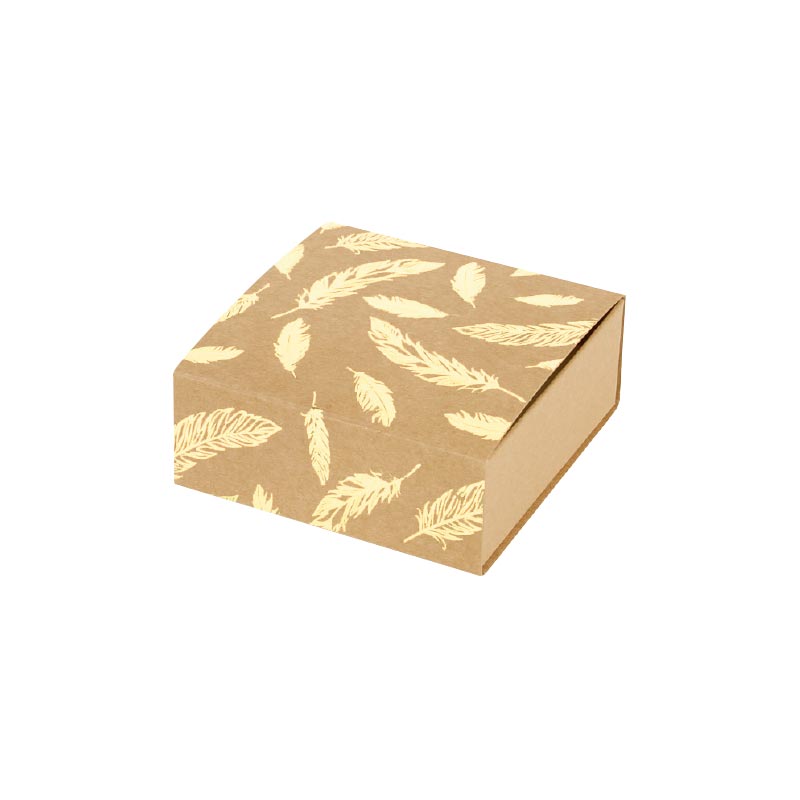 Matchbox style kraft universal jewellery presentation box - shiny gold feather motifs