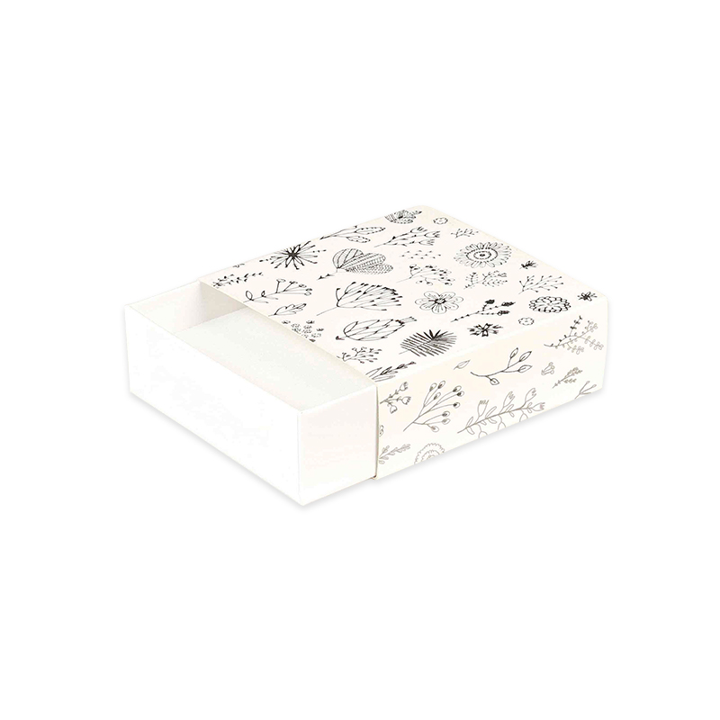 Matt white matchbox style card box - Silver hot-foil printed 'Botanical floral' motifs