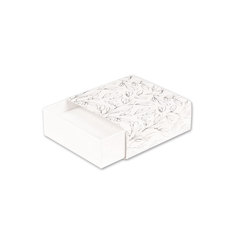 Matt white matchbox style card universal box - Silver hot-foil printed 'Botanical volutes'
