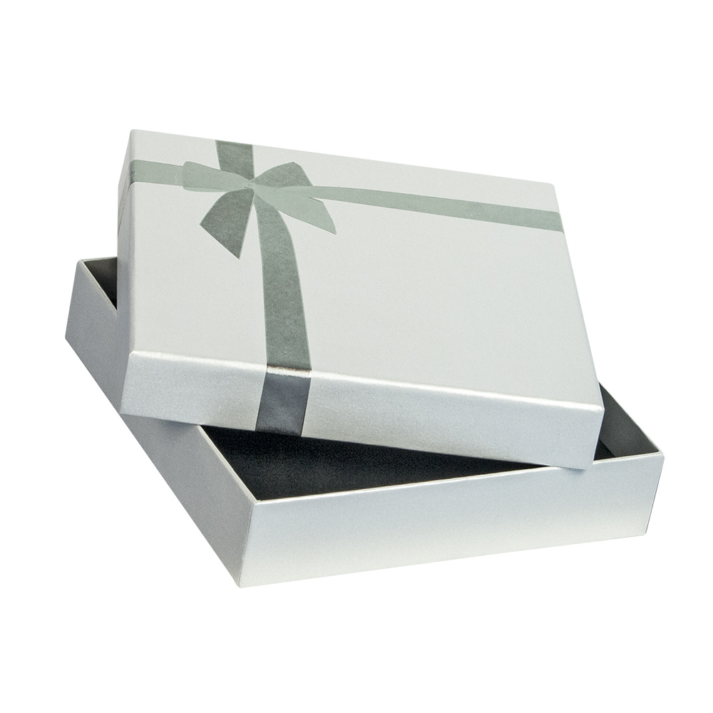 Pale grey pearlescent card necklace box, foil printed ribbon and bow