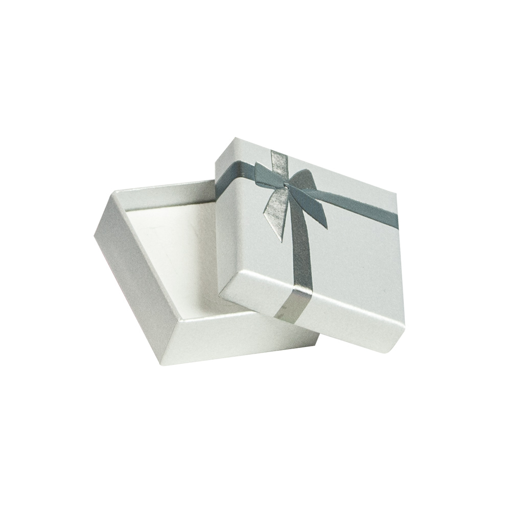 Pale grey pearlescent card trinket box, foil printed ribbon and bow