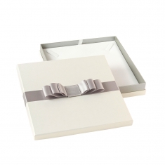 Pearlescent white card necklace box with grey satin bow