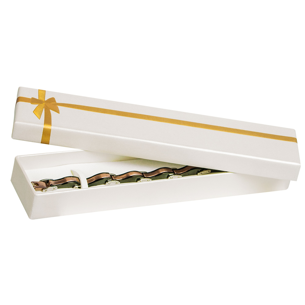 White pearlescent card bracelet box, gold foil printed ribbon and bow