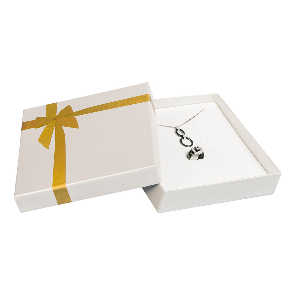White pearlescent card necklace box, gold foil printed ribbon and bow