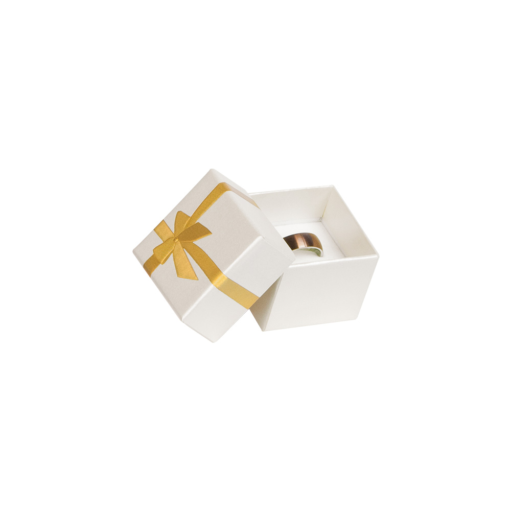 White pearlescent card ring box with gold foil printed ribbon and bow