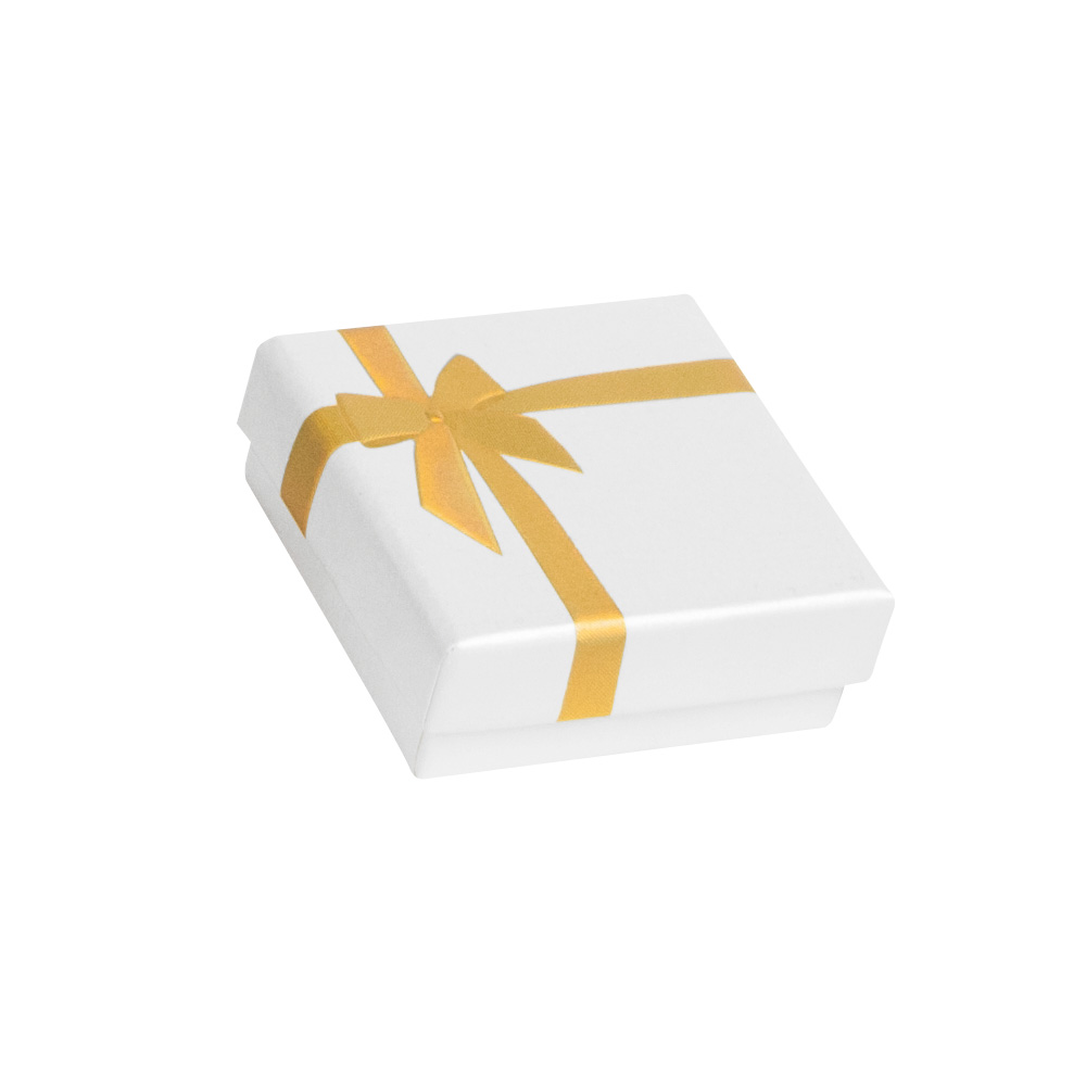 White pearlescent card universal box, gold foil printed ribbon and bow