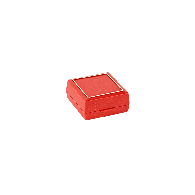 Red textured plastic earring box with hinge and gold border