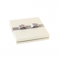 Pearlescent white card necklace box with grey satin bow