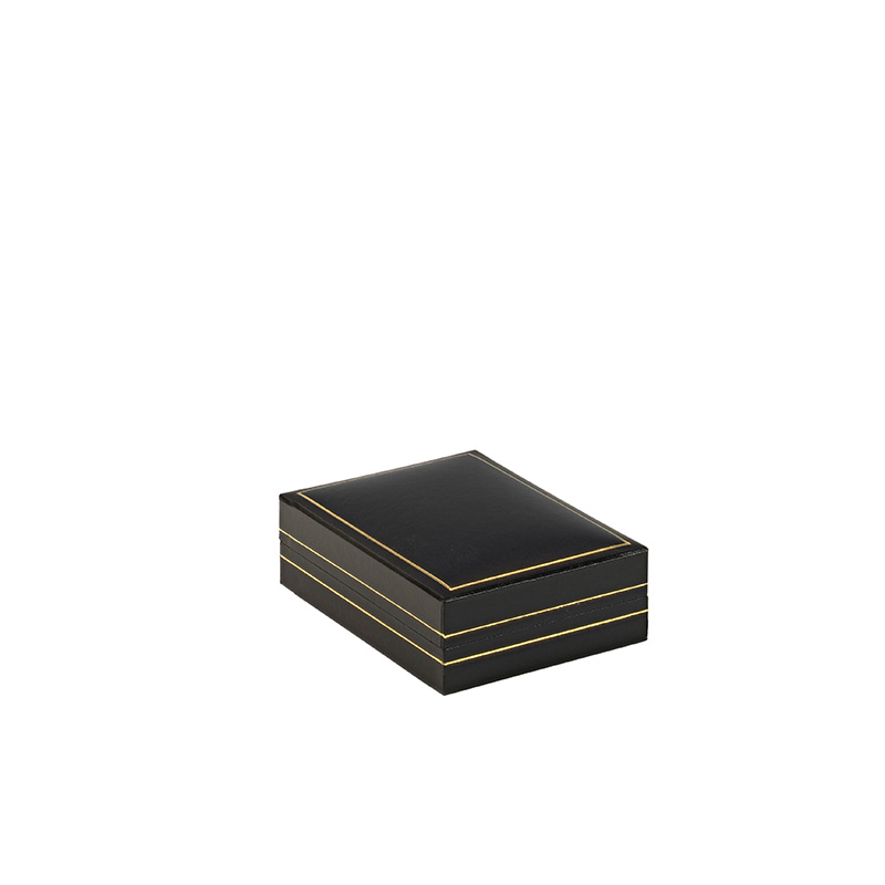 Black man-made leatherette earring/pendant box with a gold border
