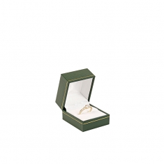 Dark green man-made leatherette covered jewellery presentation boxes with gold edging