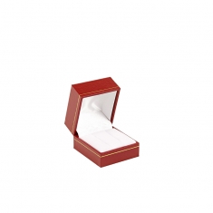 Red man-made leatherette hoop earring box with a gold border