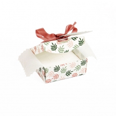 Matt card universal box with pink and green Laurel pattern and pink satin ribbon