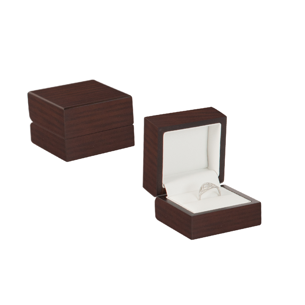 Matt finish varnished dark brown wood ring box with slot