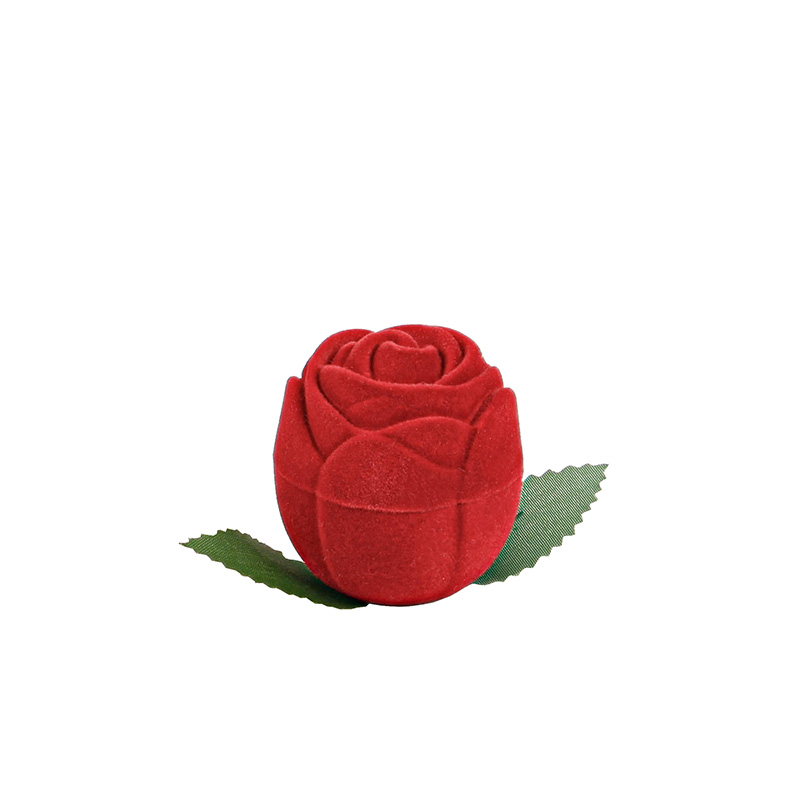 Red velveteen rose-shaped ring box