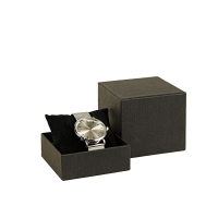 Black card watch box, textured finish with display pillow in black man-made suedette