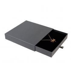 Pearlescent grey matchbox style card necklace box, ribbon pull