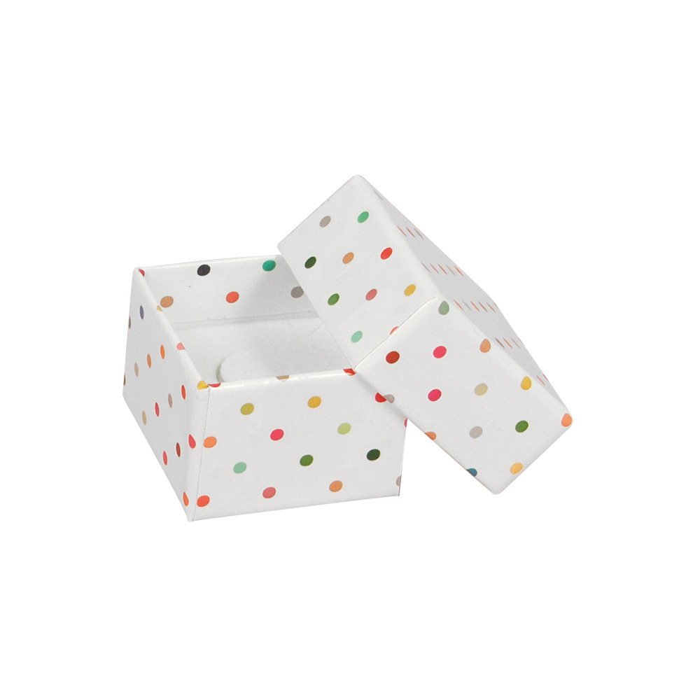 Laminated white card jewellery presentation box with multicoloured polker dots