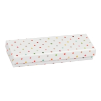 Laminated white card bracelet box with multicoloured polker dots