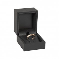 Black soft touch finish leatherette ring box with tab