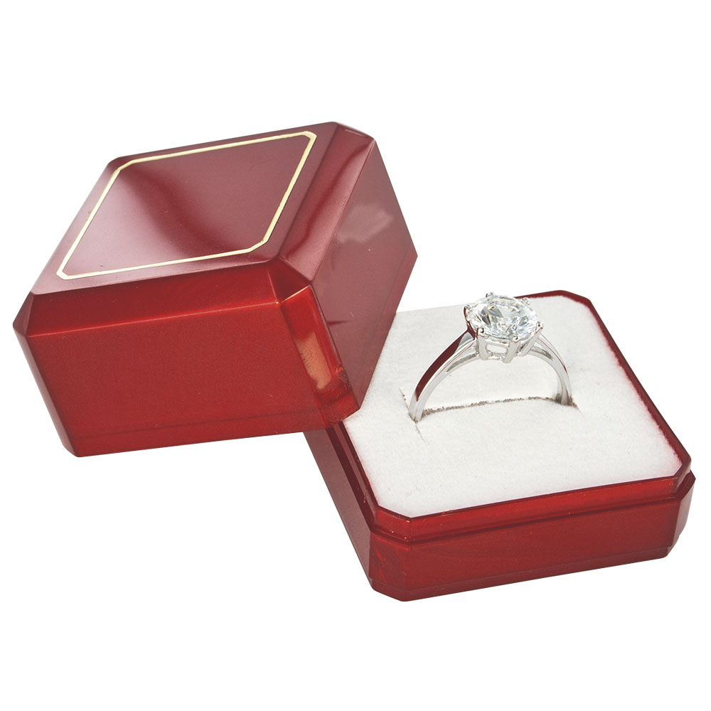 Red metallic finish plastic ring box with a gold border