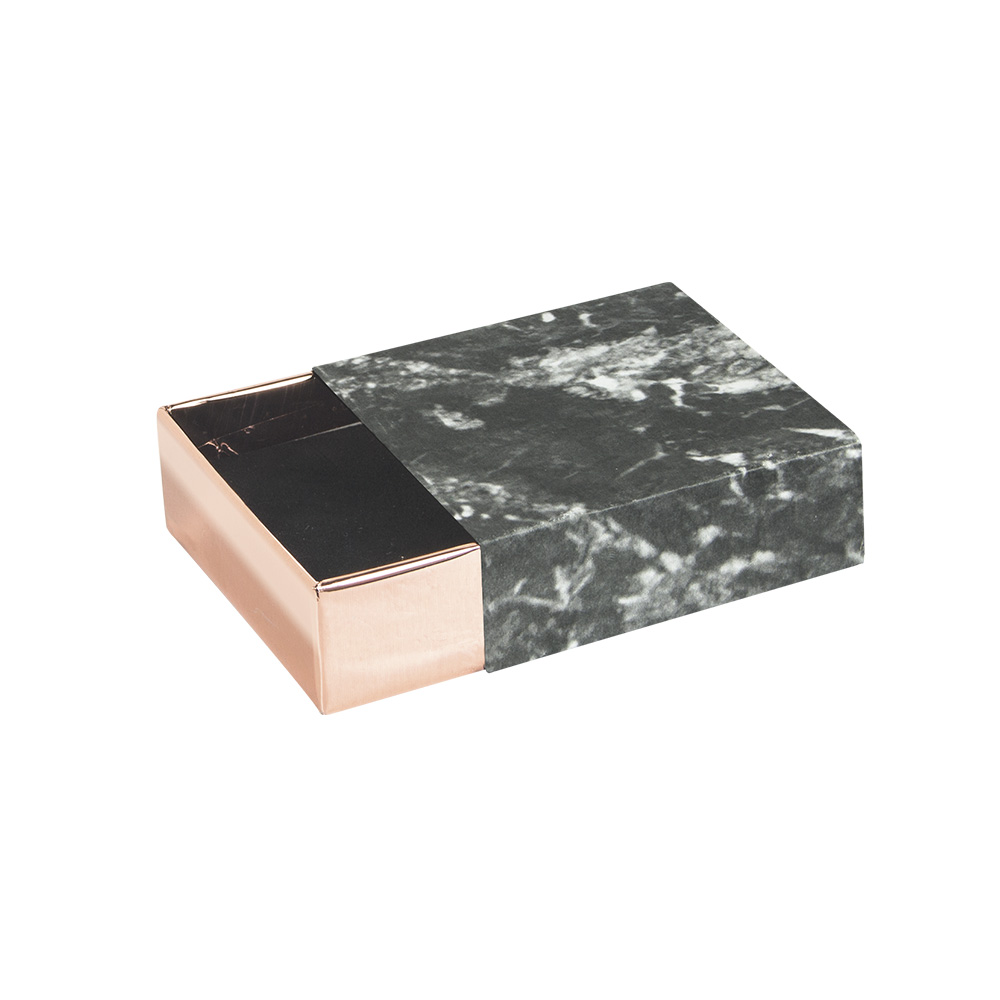 'Black marble' card matchbox trinket box with rose-gold drawer