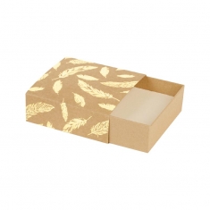 Matchbox style kraft universal jewellery presentation box - shiny gold feather motifs