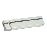 Pale grey pearlescent card bracelet box, foil printed ribbon and bow