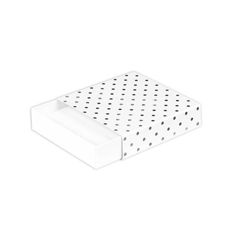 White matchbox style satin finish card universal box - Silver, hot-foil printed polka dots