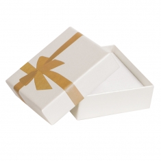 White pearlescent card ring box, gold foil printed ribbon and bow