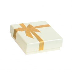 White pearlescent card ring box, gold foil printed ribbon and bow