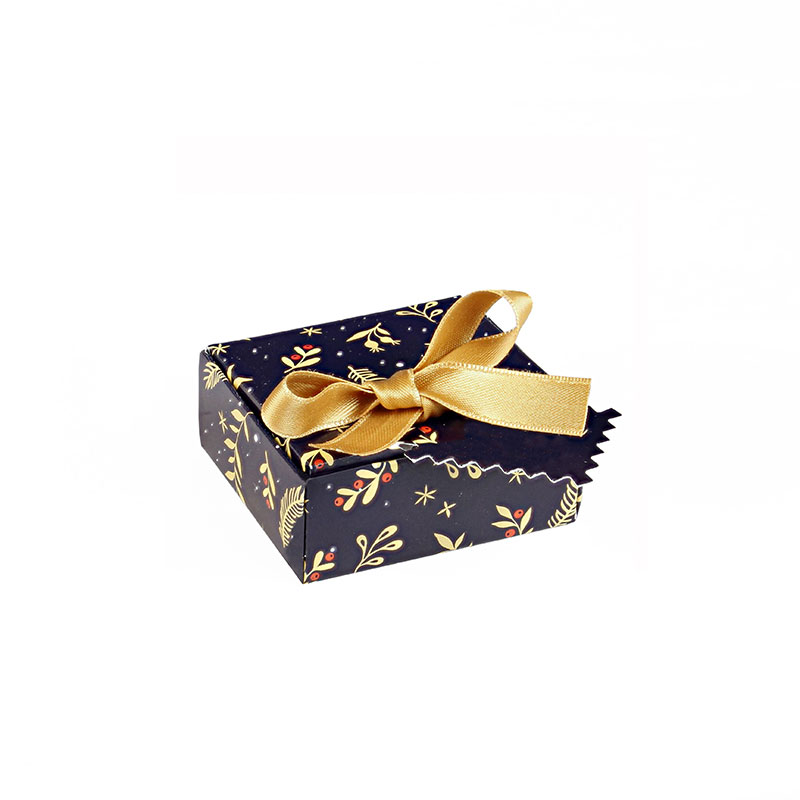 Glossy card universal box with midnight blue and golden Festive pattern and gold satin ribbon