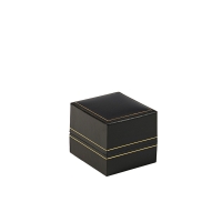 Black leatherette ring box with tab, gold border