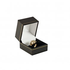 Black leatherette ring box with tab, gold border