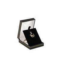 Black man-made leatherette earring/pendant box with a gold border